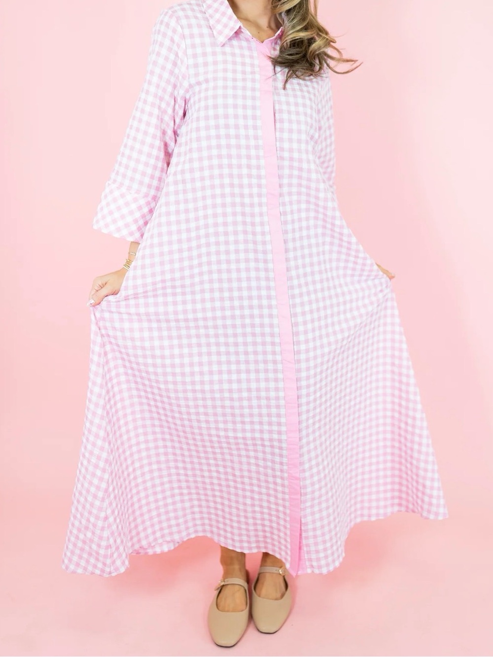 Entro Pink Gingham Button Front Midi Dress